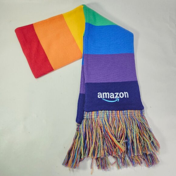 Rainbow Pride Neck Scarf 61"x7" Amazon Promo Embroidered Stitch Logo Fringe Tip - Picture 3 of 11